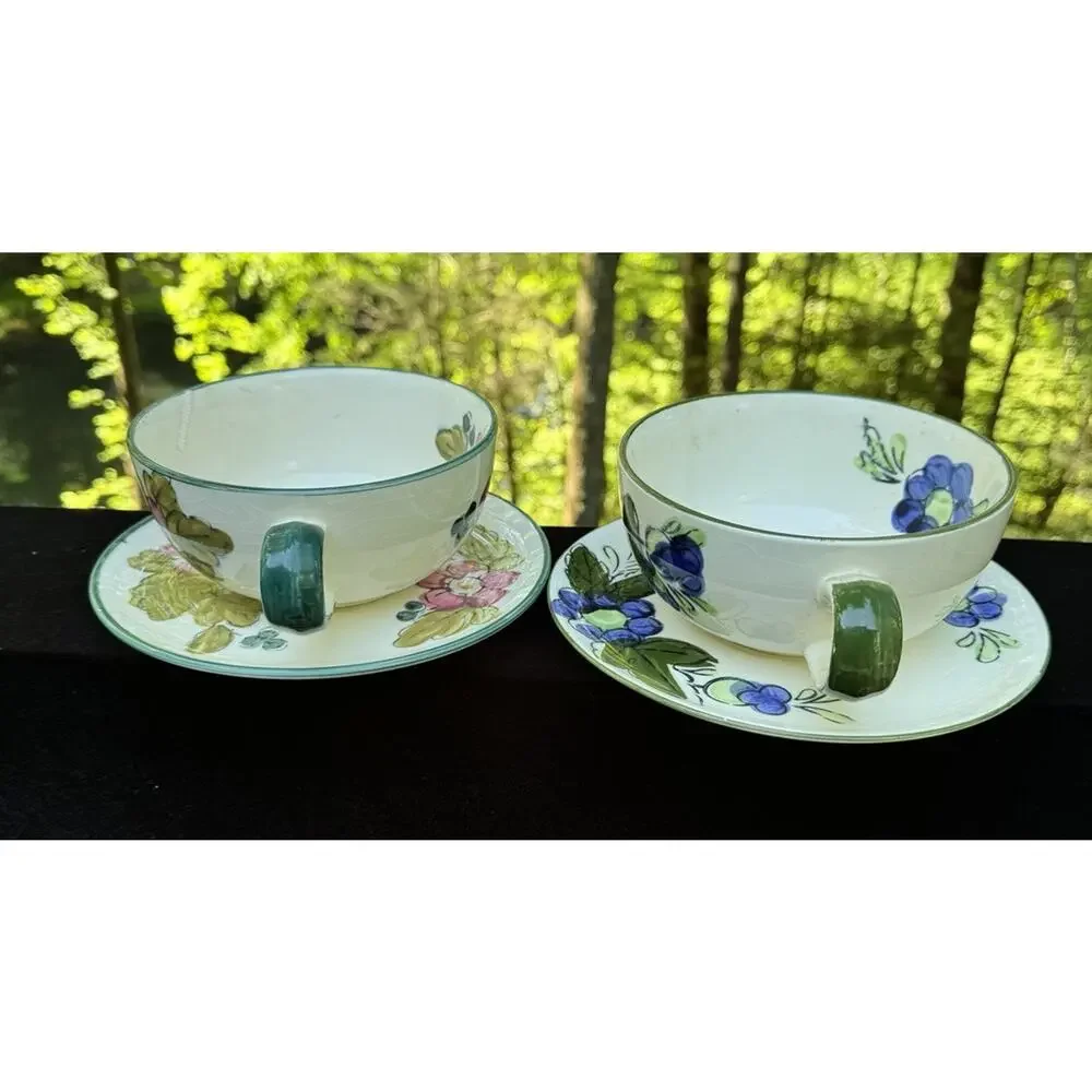 2 ITALIAN HAND-PAINTED FAIENCE SOUP BOWLS & SAUCERS EUC -A87